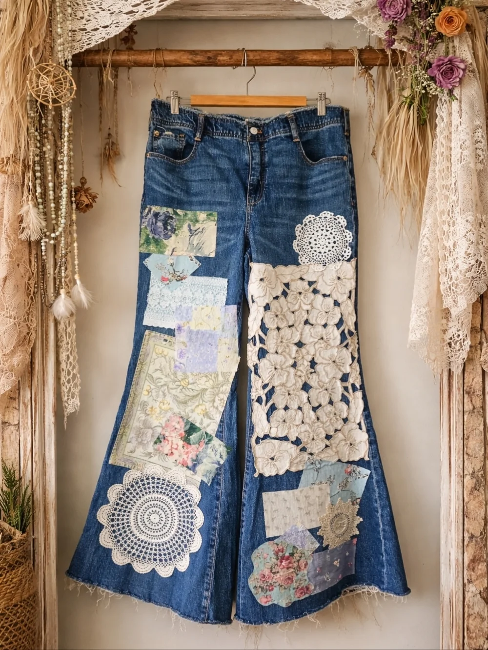 Reworked Boho Pilcro Anthropologie Jeans Size 32 Lace Applique Upcyced - Picture 1 of 10